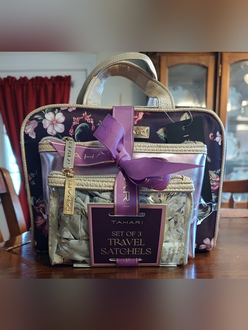 Tahari Purple Floral & Metallic Gold 3-Piece Travel Satchel Set